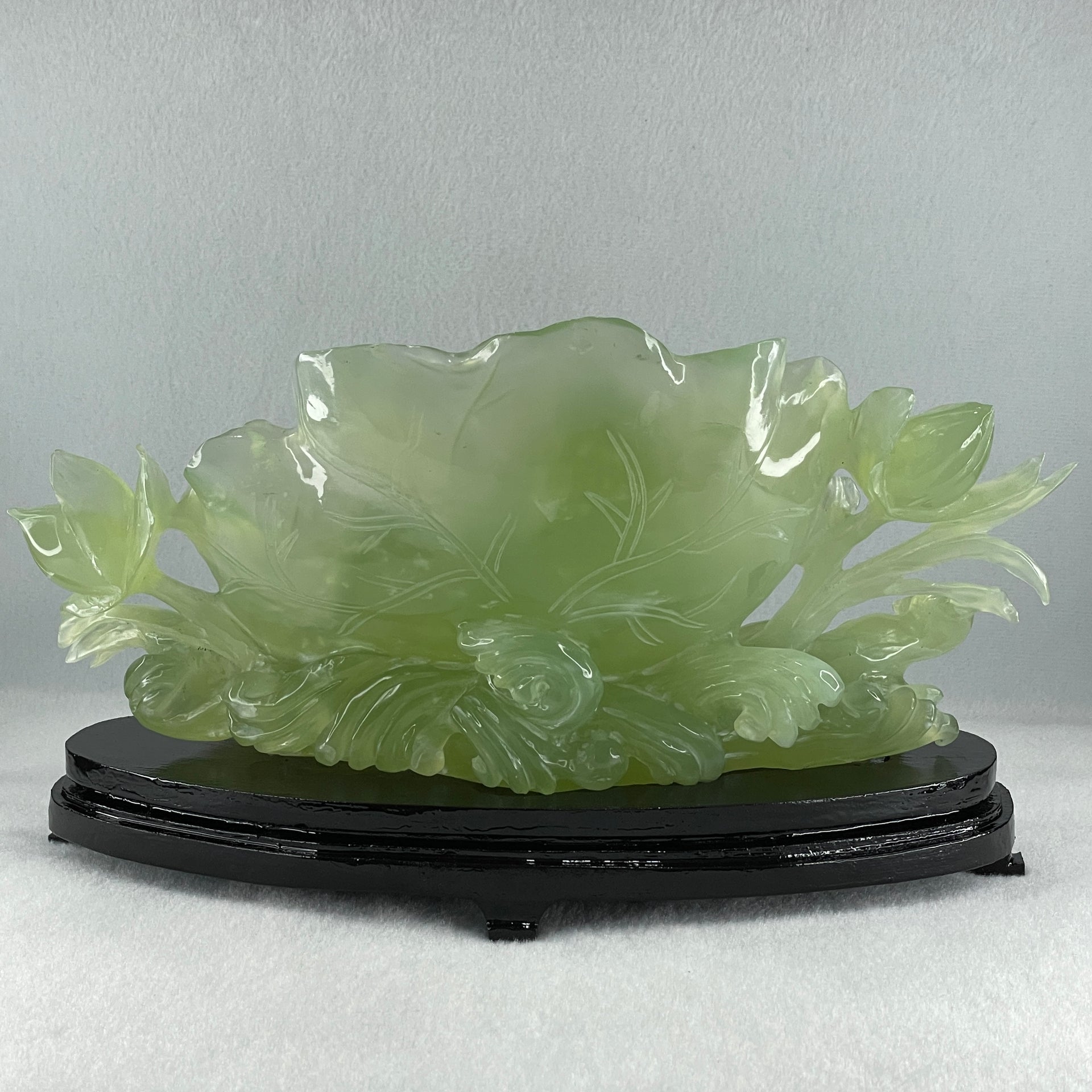 Natural Semi Icy Green Serpentine Tong Zhi on Lotus Leaf and Lotus Flower with Wooden Stand Display 1,458.5g L270.0 by B96.0 by H158.0mm - Huangs Jadeite and Jewelry Pte Ltd