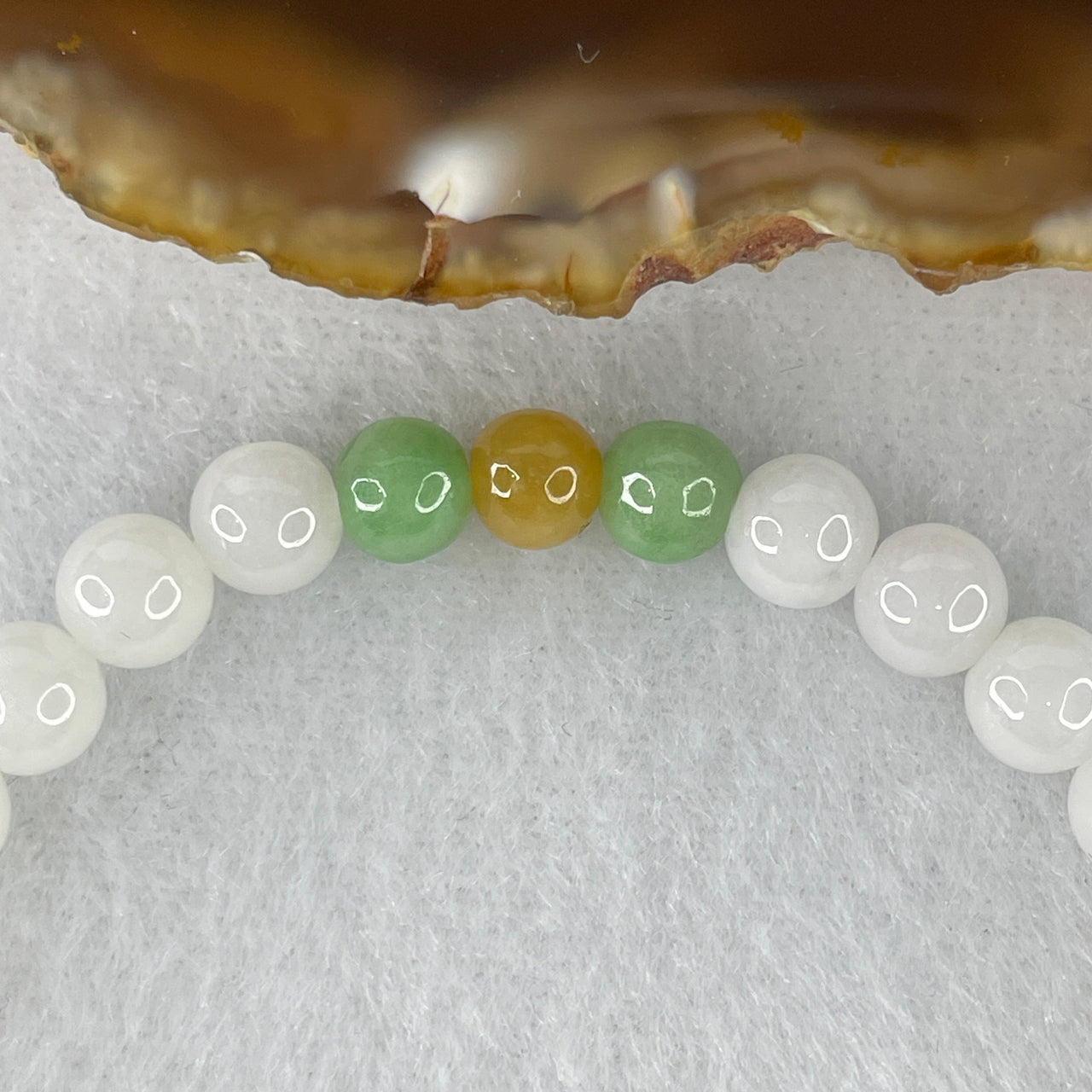 Natural Type A Tricolor Jadeite Bracelet | 16cm Tailored 6.7mm Round White Green Yellow "Three Happiness" Bead Strand (13.96g, 30 Beads)