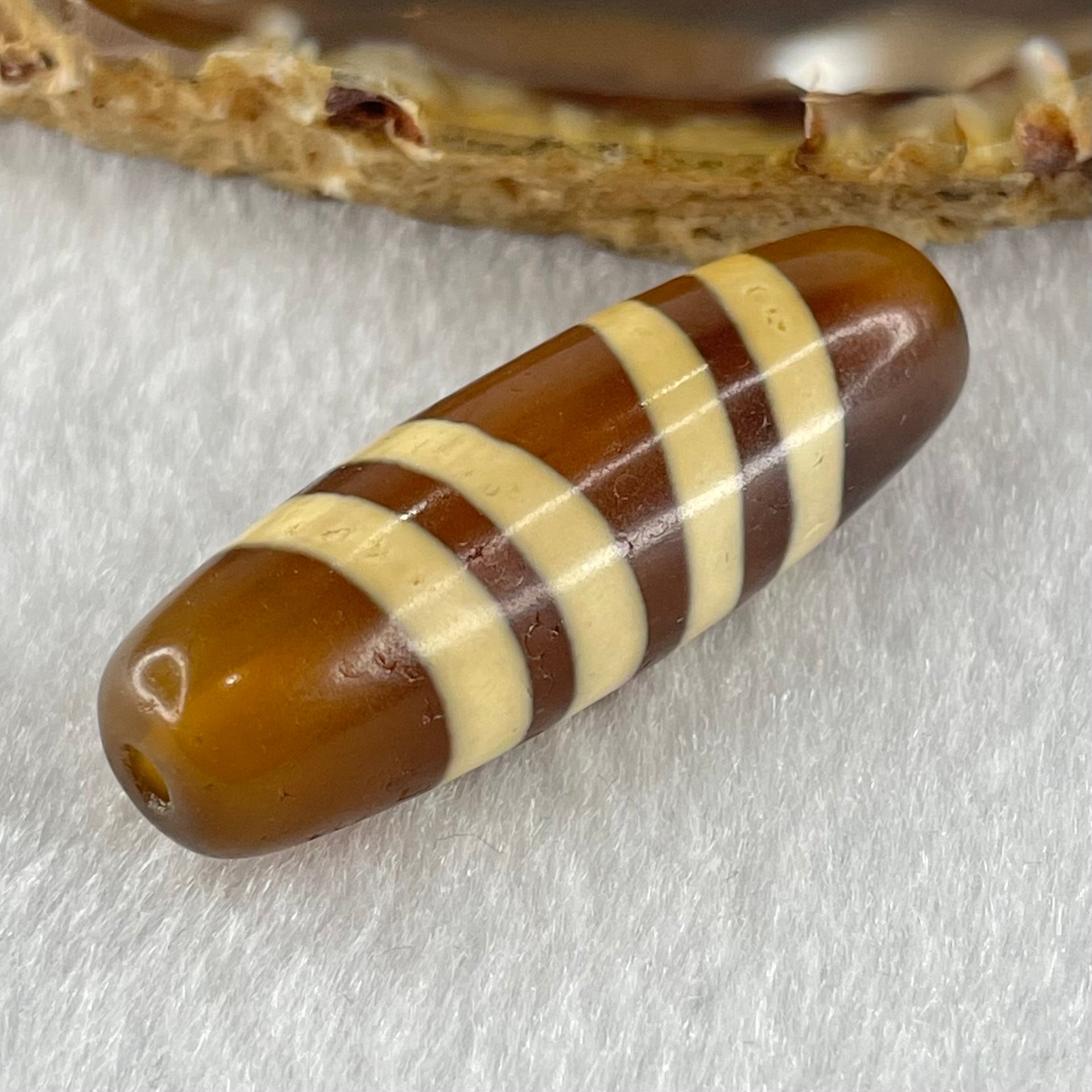 Natural Powerful Tibetan Old Oily Yellowish Brown with Yellowish White Agate 4 Lines Bead Heavenly Master (Tian Zhu) 9.39g 38.7 by 12.5mm - Huangs Jadeite and Jewelry Pte Ltd