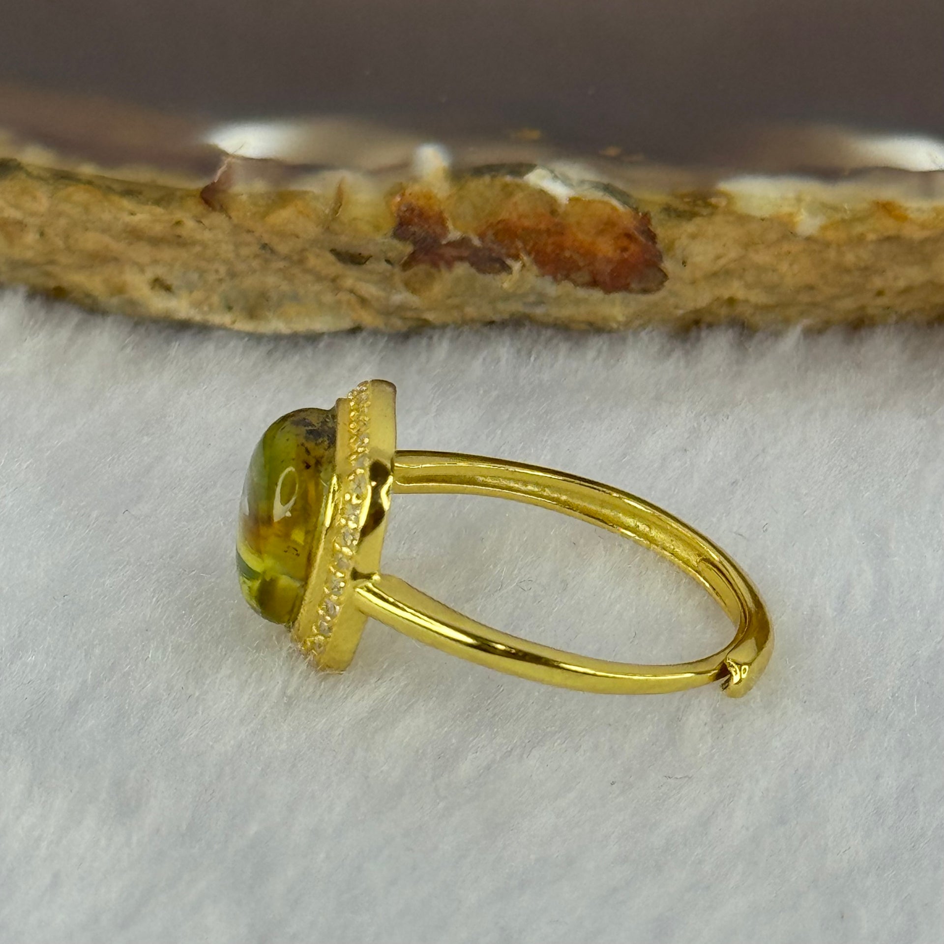 Natural Green Amber with Milk Inclusions in S925 Sliver Gold Color Ring (Adjustable Size) 2.17g 90.0 by 4.0mm - Huangs Jadeite and Jewelry Pte Ltd