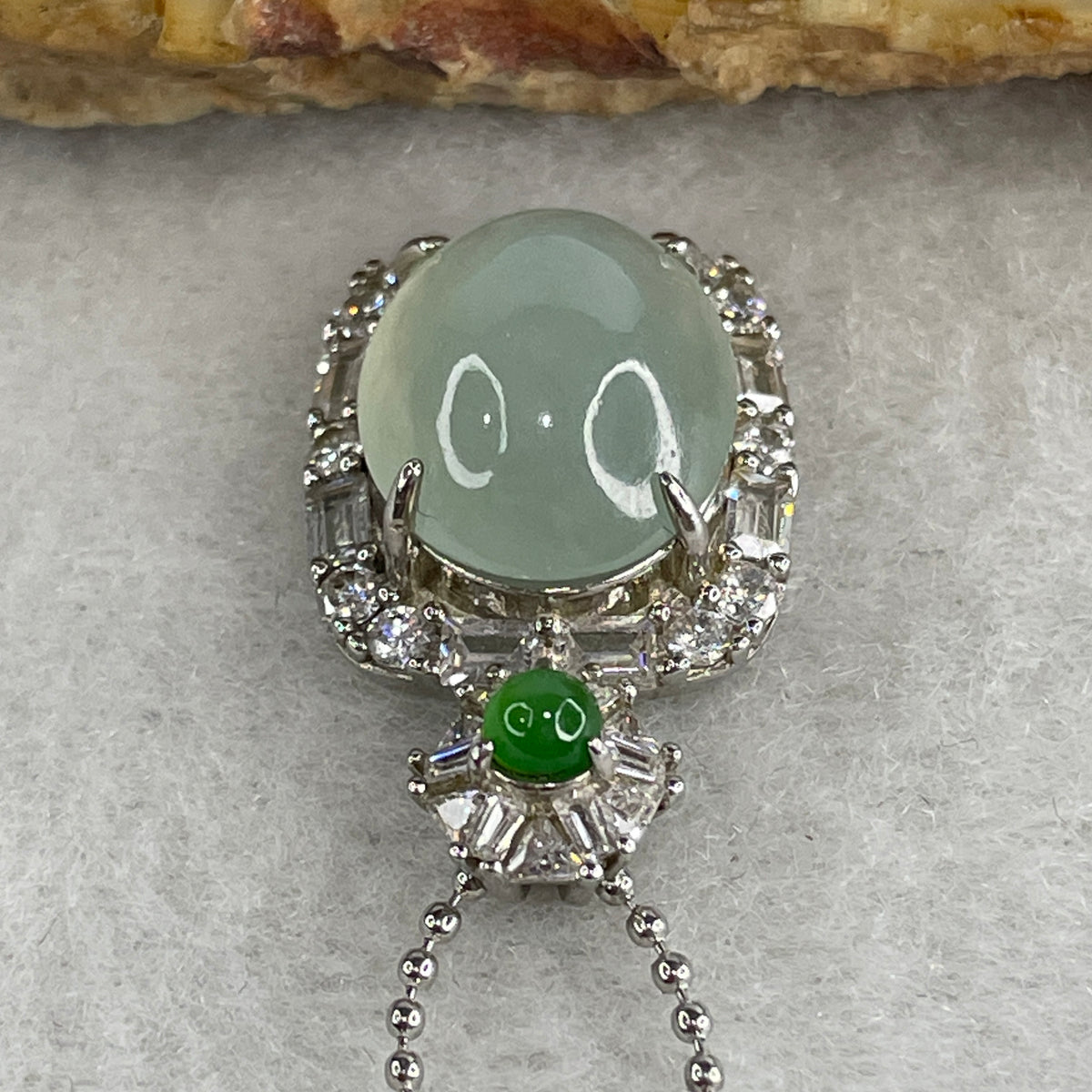 Natural Type A Semi Icy Light Green Jadeite Cabochon Necklace in S925 Silver | (5.80g | 44cm S925 | 13.8 x 11.0 x 5.5mm | Elegance & Abundance Anchor, Feng Shui Prosperity & Executive Charm Necklace) - Huangs Jadeite and Jewelry Pte Ltd