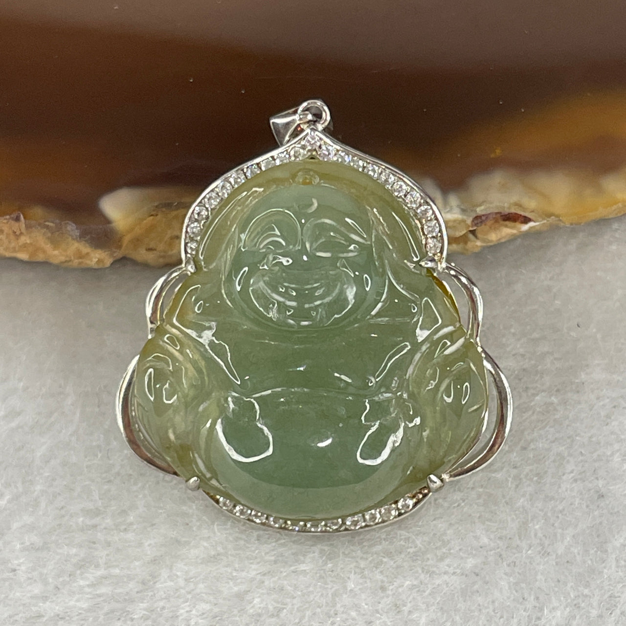Natural Type A Icy Light Blueish Green Jadeite Milo Buddha Pendant | S925 Sterling Silver Laughing Buddha Necklace Charm (6.51g)
