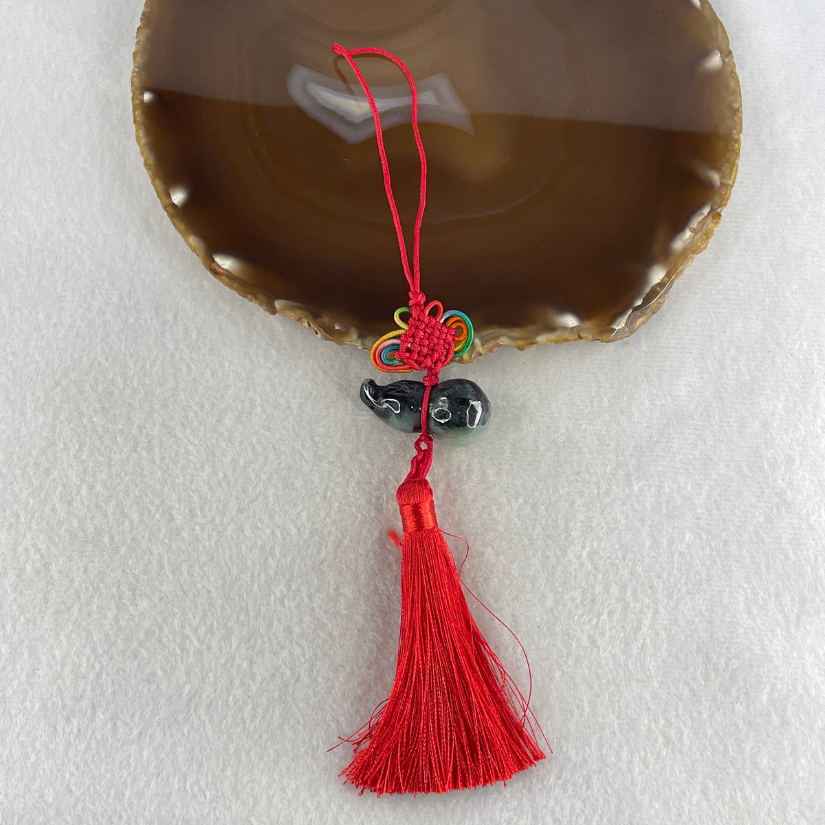Natural Type A Wuji Black with Green Jadeite Hulu Charm Display | Gourd Health, Wealth Accumulation & Protection Talisman (16.64g | 32.7 x 17.6mm) - Huangs Jadeite and Jewelry Pte Ltd