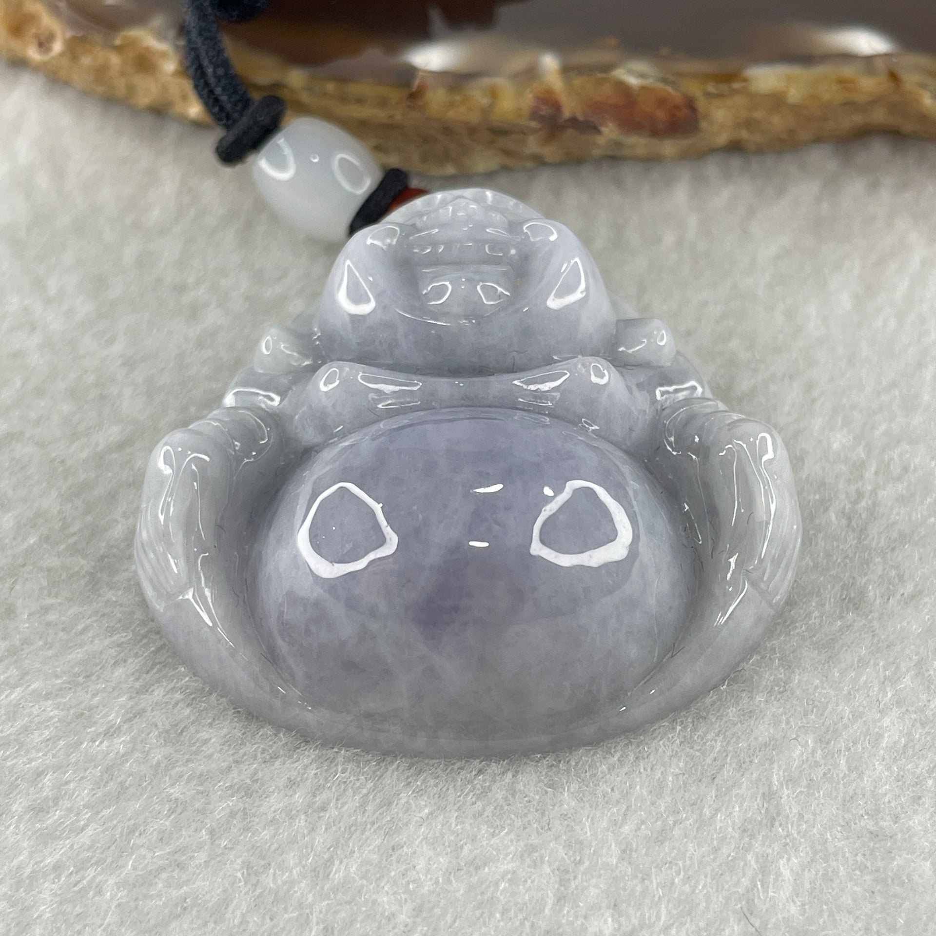 Natural Type A Lavender with Green Spots Jadeite Milo Laughing Buddha Pendant 45.90g 42.3 by 42.9 by 15.8mm - Huangs Jadeite and Jewelry Pte Ltd