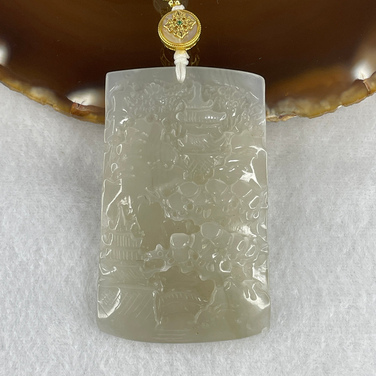 Natural White Nephrite Shan Shui Pendant Necklace | Carved Landscape Plaque with 5.0mm 100 Beads Green Nephrite Rectangular Bead Strand (70.35g | 72cm | 56.6 x 35.6 x 6.4mm)