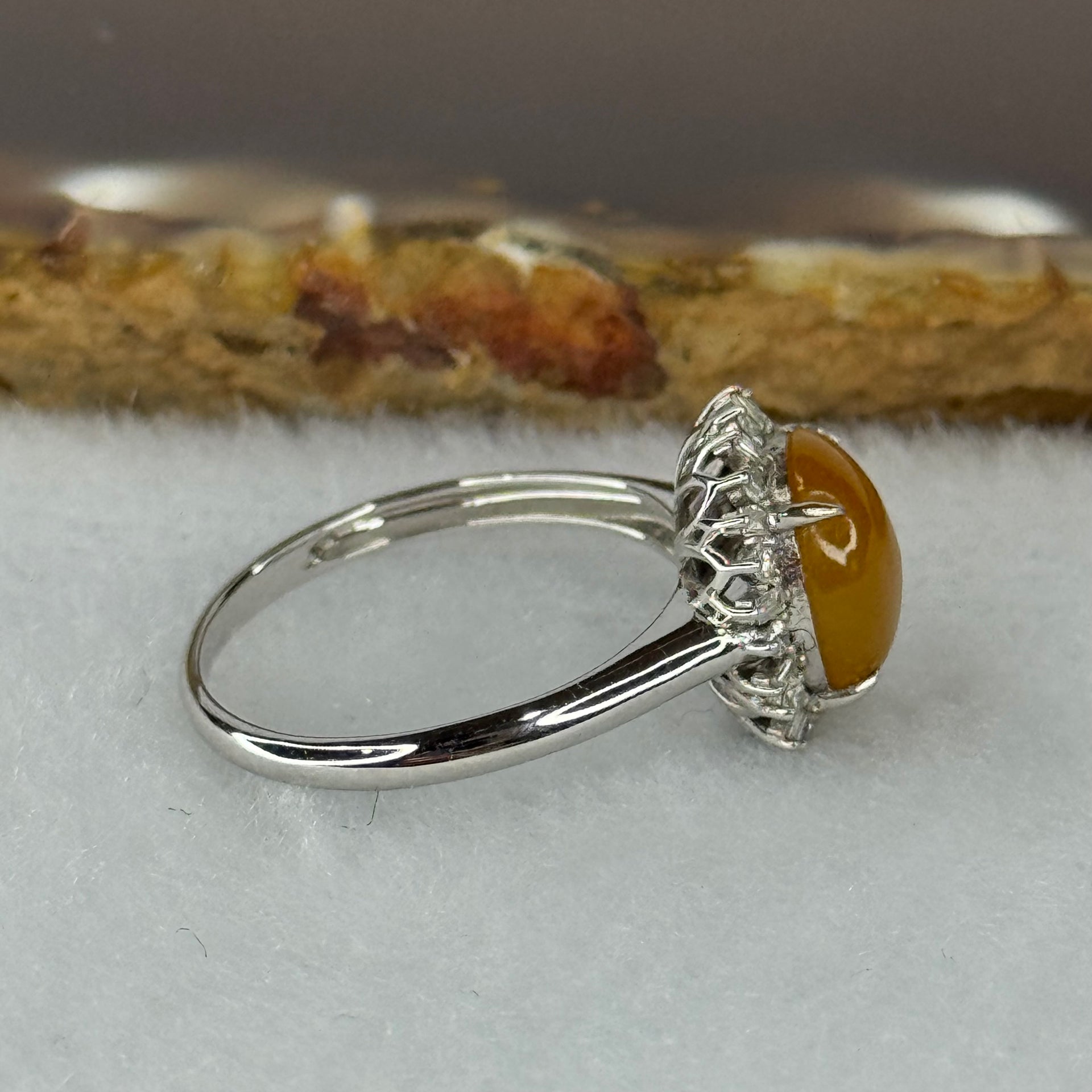 Certified Rare Type A Semi Icy Yellow Jade Jadeite 9.6 by 7.9 by 3mm Ring in 18k white gold, natural diamonds and sapphires 2.95g US6.75 HK14.5 Inner Diameter 17.5mm - Huangs Jadeite and Jewelry Pte Ltd