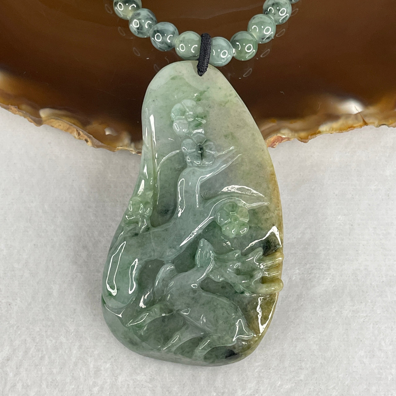 Natural Type A Blueish Green Jadeite Deer with Flower Tree Pendant with Piao Hua Beads Necklace | Certified Untreated Fei Cui Gemstone Set (112.24g | 58cm 70.2 by 40.6 by 12.8mm - 6.8mm 90 Beads)
