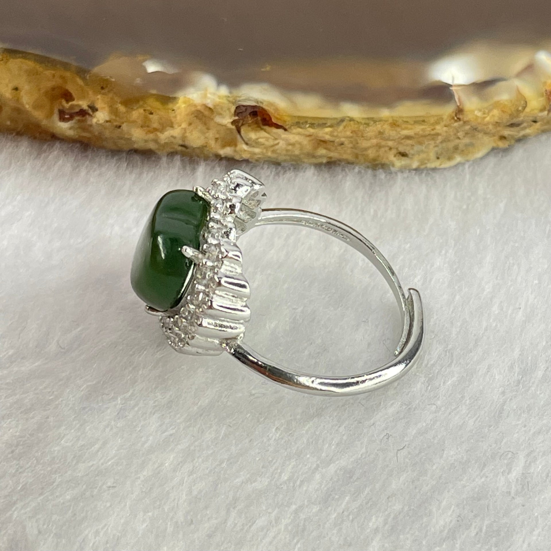 Natural Green Nephrite with Crystals In S925 Sliver Ring  (Adjustable Size) 2.92g 10.4 by 10.0 by 5.0mm - Huangs Jadeite and Jewelry Pte Ltd