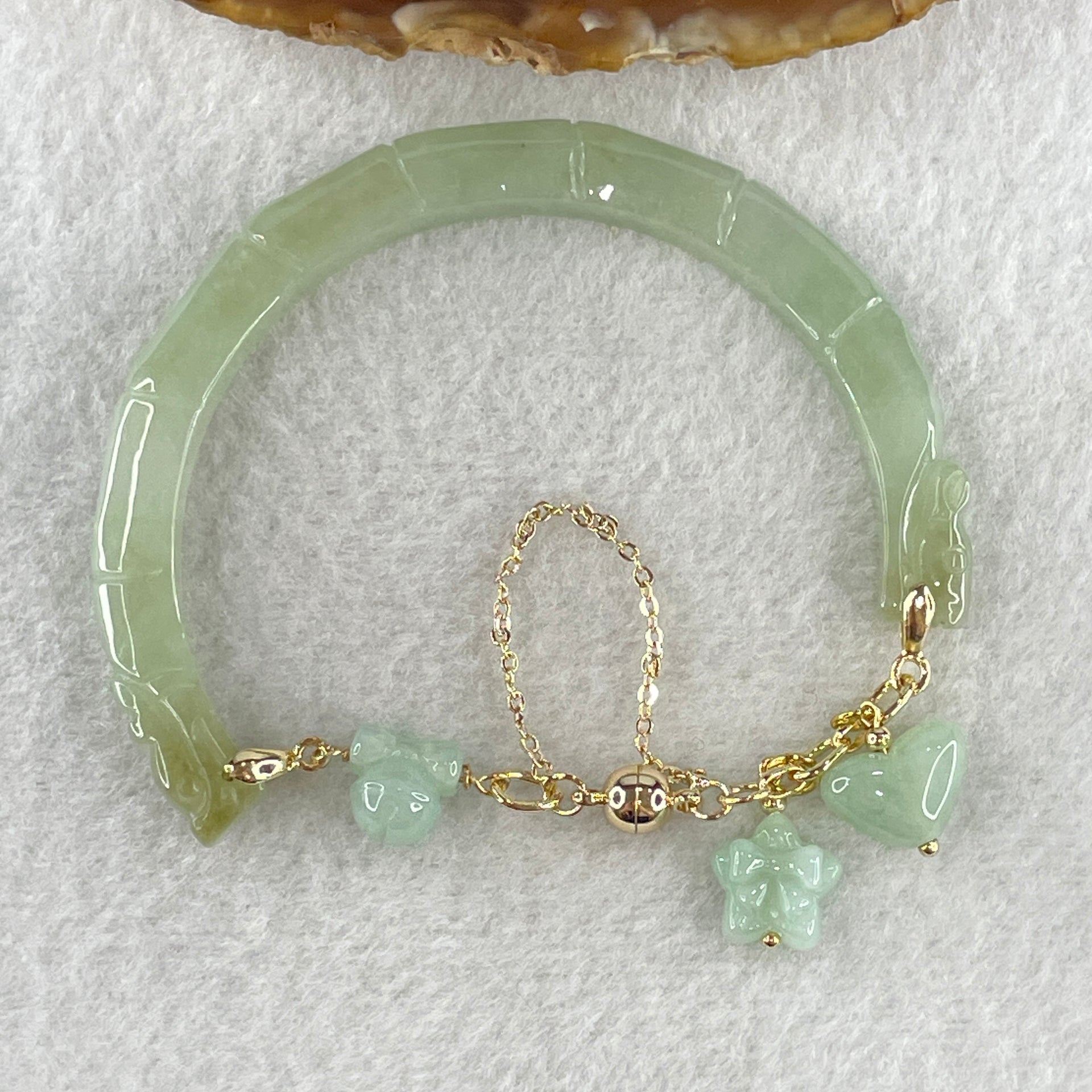Natural Type A Jelly Light Green with Yellowish Spot Jadeite Bamboo with Double Dragon Head Bracelet 25.94g 17cm 7.2 by 8.2mm - Huangs Jadeite and Jewelry Pte Ltd