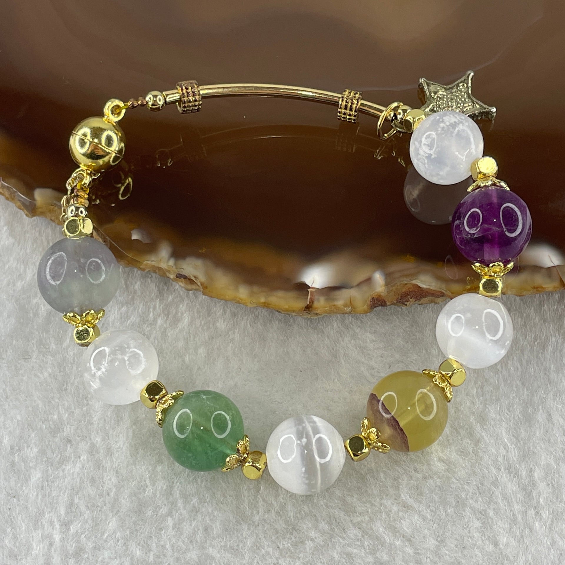 Natural Selenite with Yellow Green Grey Purple Fluorite Beads Bracelet 20.40g 11.0mm 8Beads 15cm - Huangs Jadeite and Jewelry Pte Ltd