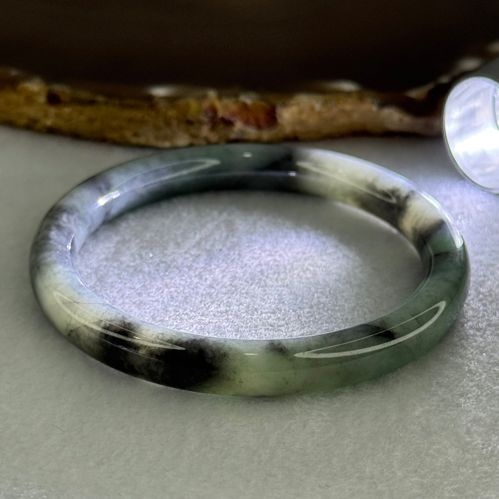 Type A Wuji Grey Black with Light Green Patch Jadeite Bangle Internal Diameter 52.2mm 27.55g 8.0 by 7.0mm - Huangs Jadeite and Jewelry Pte Ltd