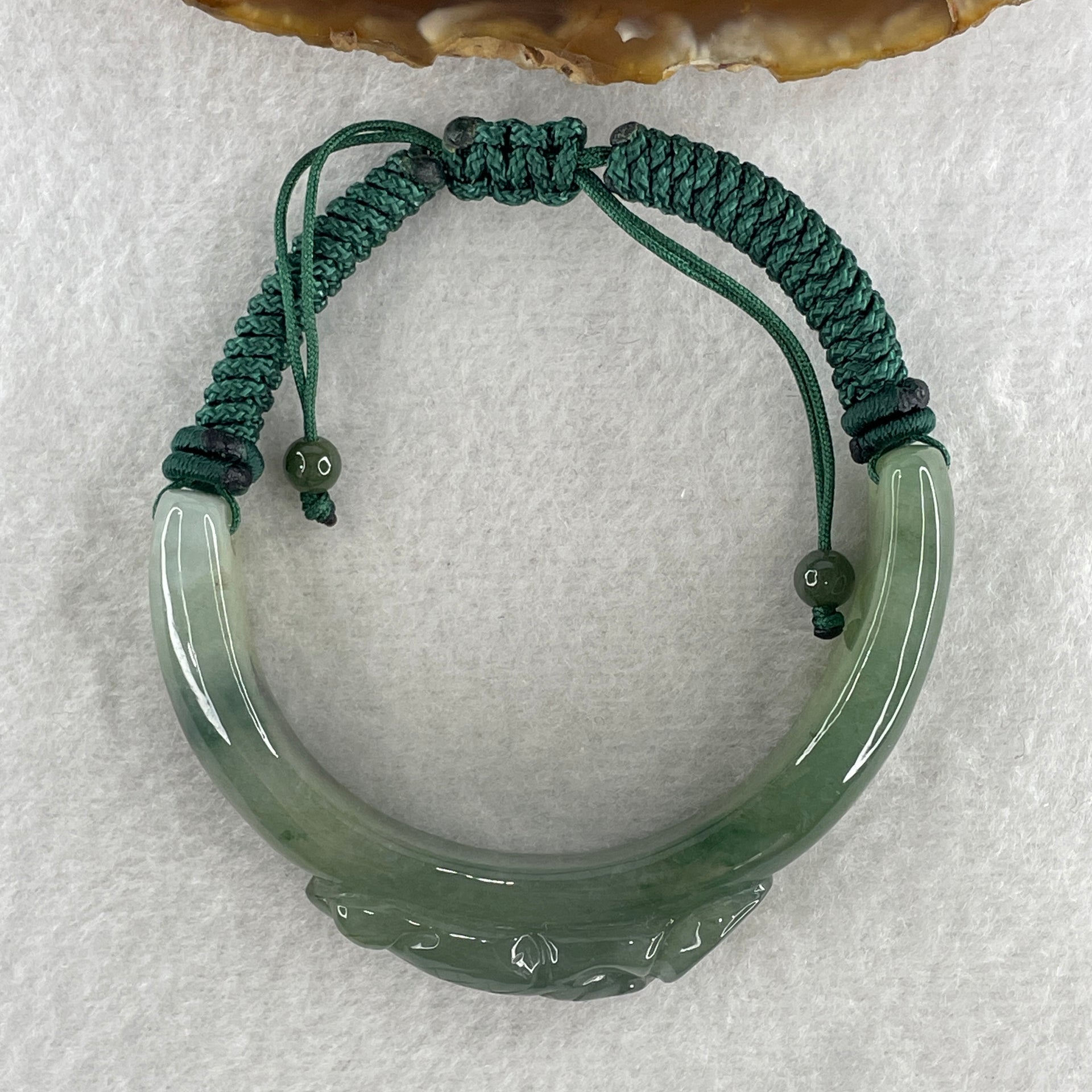Natural Type A Jelly Green with Dark Green Piao Hua Jadeite Carp Fish with Coin Bracelet 37.48g 16cm 14.0 by 11.8mm - Huangs Jadeite and Jewelry Pte Ltd