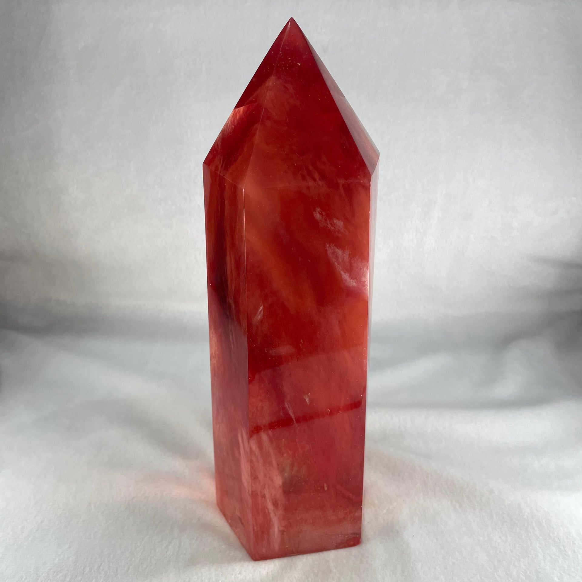 Cherry Quartz Tower with Wooden Stand Display 2446.6g 84.6 by 81.5 by 240.0mm - Huangs Jadeite and Jewelry Pte Ltd