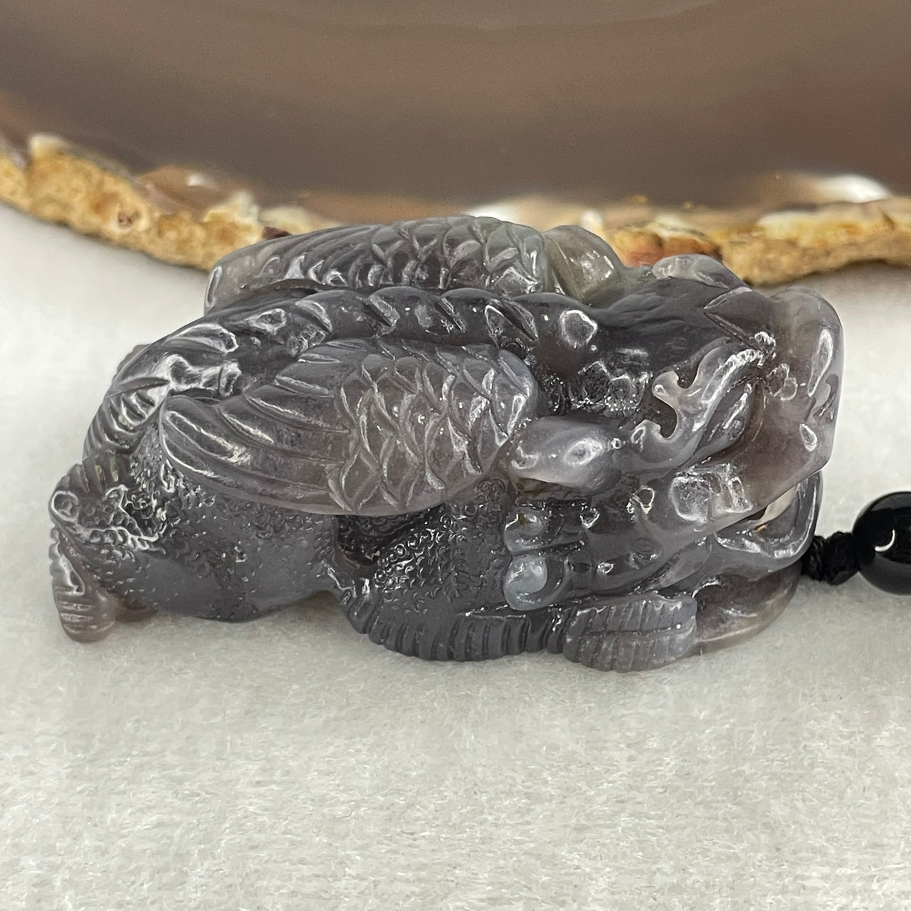 Certified Natural Nephrite Pixiu Pendant 92.20g - 57.1x31.0x25.1mm - Purplish Grey Flying Pixiu Handplay - Grade A Untreated Nephrite Jade Art