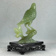Natural Green Serpentine Javan Mynah Birds on Tree with Wooden Stand Display 418.9g 120.0 by 176.0 by 75.0mm - Huangs Jadeite and Jewelry Pte Ltd