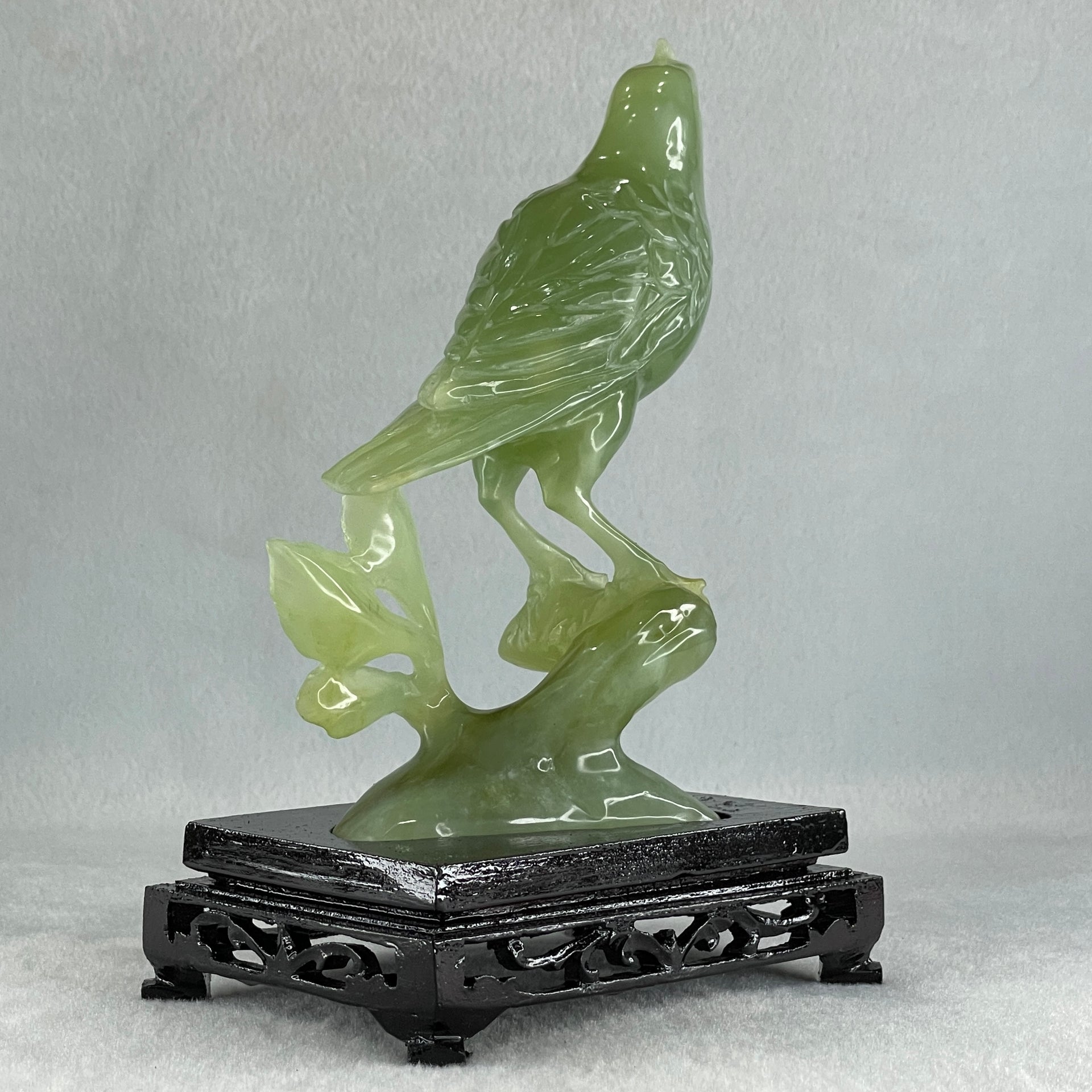 Natural Green Serpentine Javan Mynah Birds on Tree with Wooden Stand Display 418.9g 120.0 by 176.0 by 75.0mm - Huangs Jadeite and Jewelry Pte Ltd