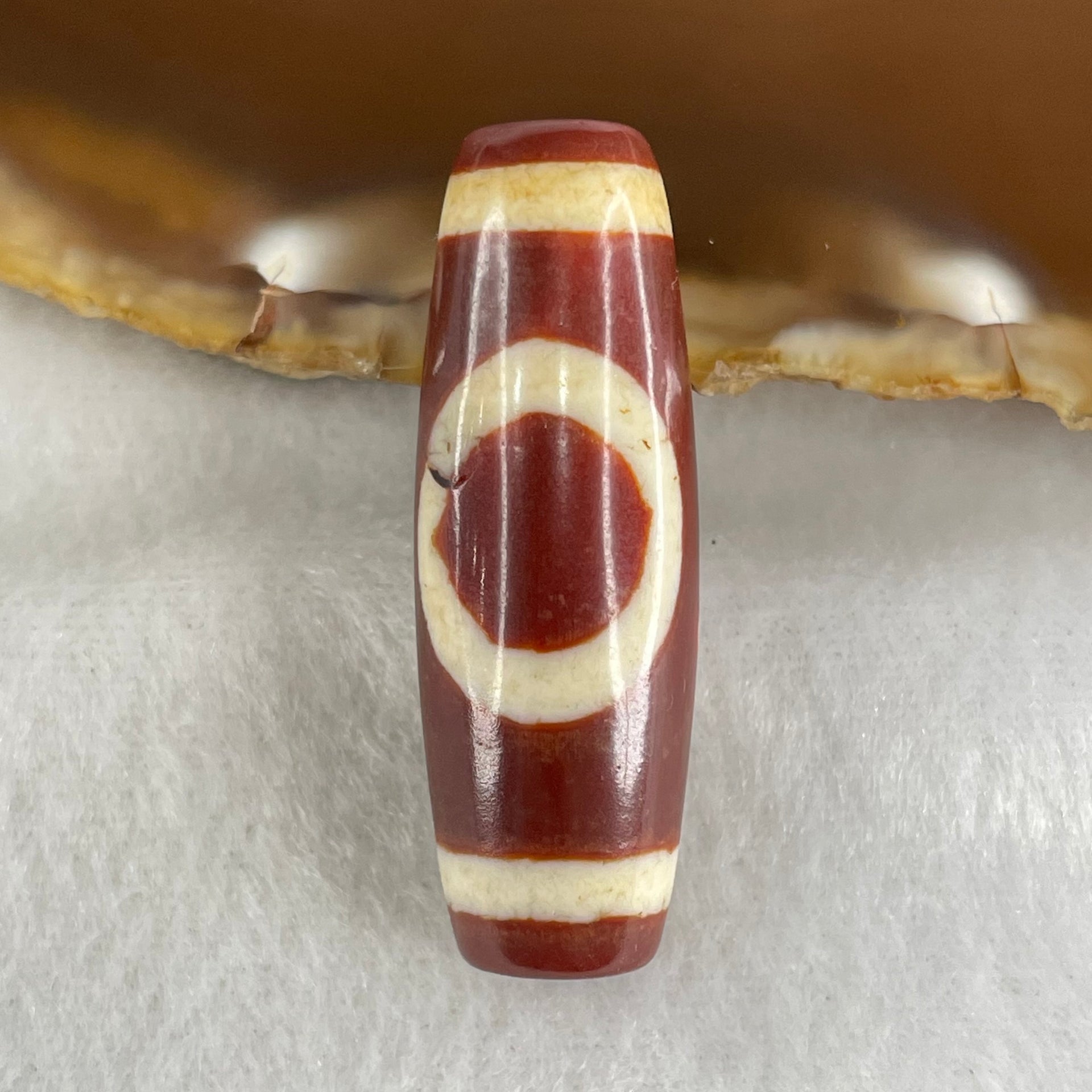 Natural Powerful Tibetan Old Oily Red White Agate One Eye Gold Metal Element Dzi Bead Heavenly Master (Tian Zhu) 一眼金天珠 9.71g 37.8 by 13.0mm - Huangs Jadeite and Jewelry Pte Ltd