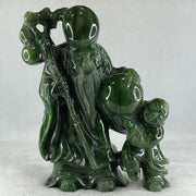 Natural Dark Green Serpentine Shou Xing Gong and Tong Zi and Longevity Peach with Wooden Stand Display 3,091.3g 193.0 by 95.0 by 257.0mm - Huangs Jadeite and Jewelry Pte Ltd