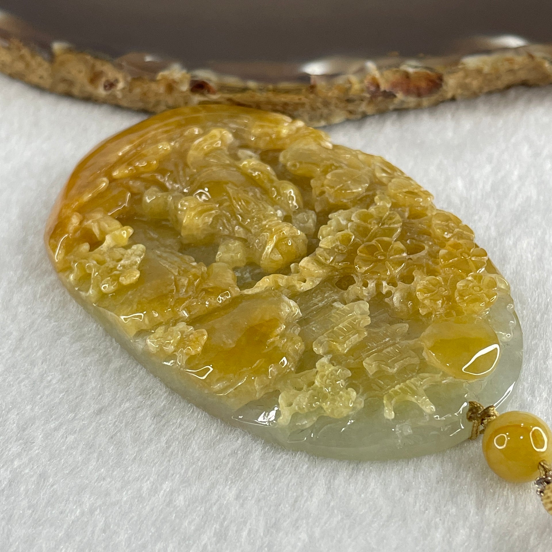 Grand Master Type A Yellowish with Light Green Patches Jadeite Cai Shen Ye God Of Fortune on Shan Shui with Gui Ren Pendant 75.70g 77.0 by 51.1 by 10.0mm - Huangs Jadeite and Jewelry Pte Ltd