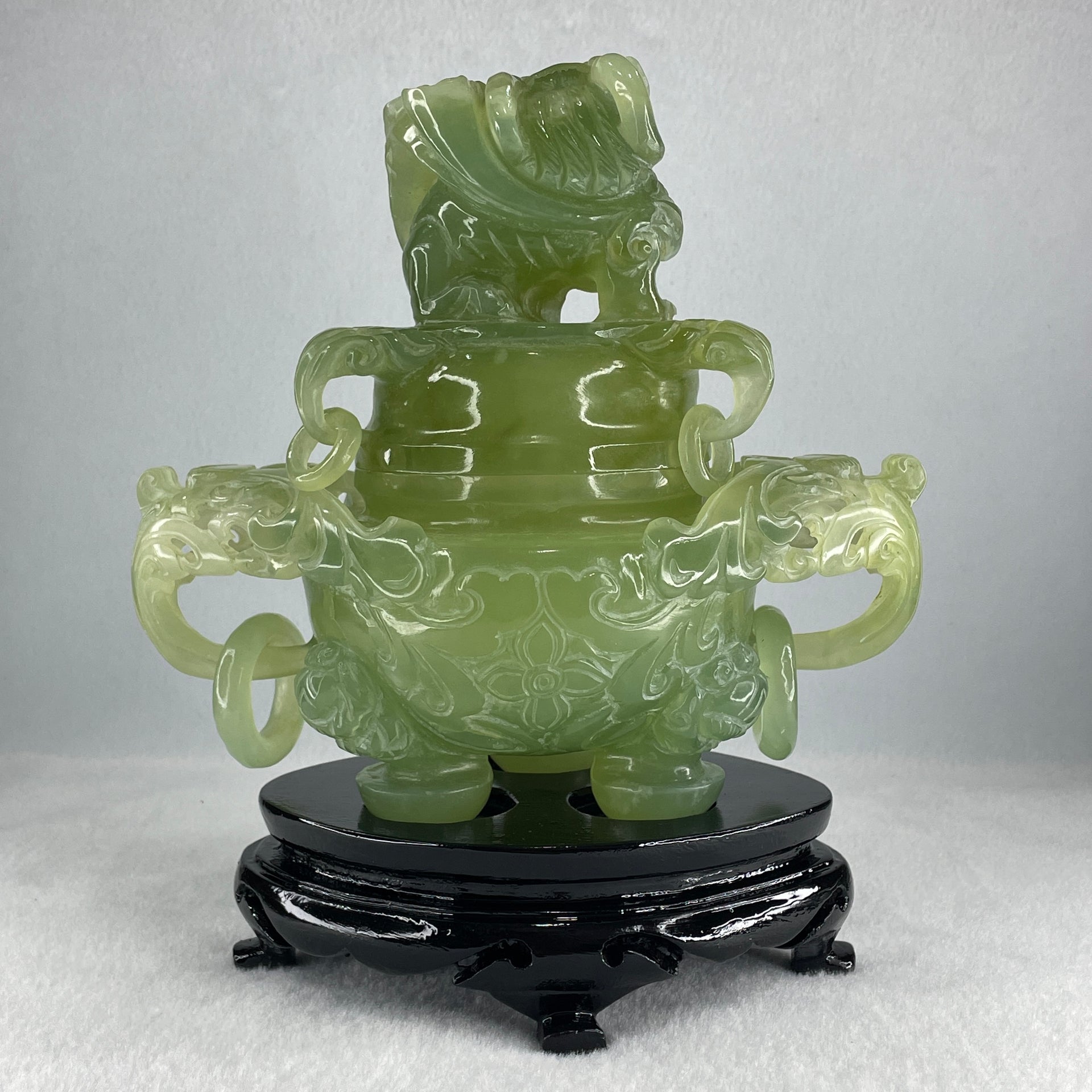 Natural Jelly Light Green Serpentine Pixiu Incense Burner with Wooden Stand Display 1,364.0 by 178.0 by 110.0 by 205.0mm - Huangs Jadeite and Jewelry Pte Ltd