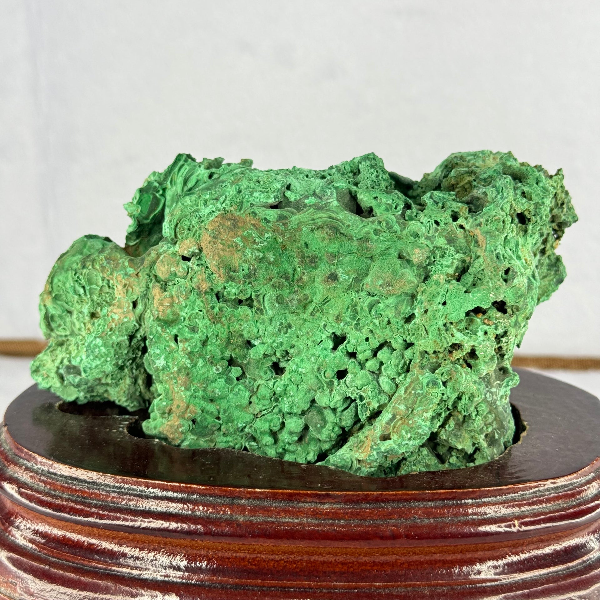 Natural Malachite Raw Stone Specimen Display in Wooden Stand 1,045.7g 160.0 by 114.1 by 12.0mm - Huangs Jadeite and Jewelry Pte Ltd