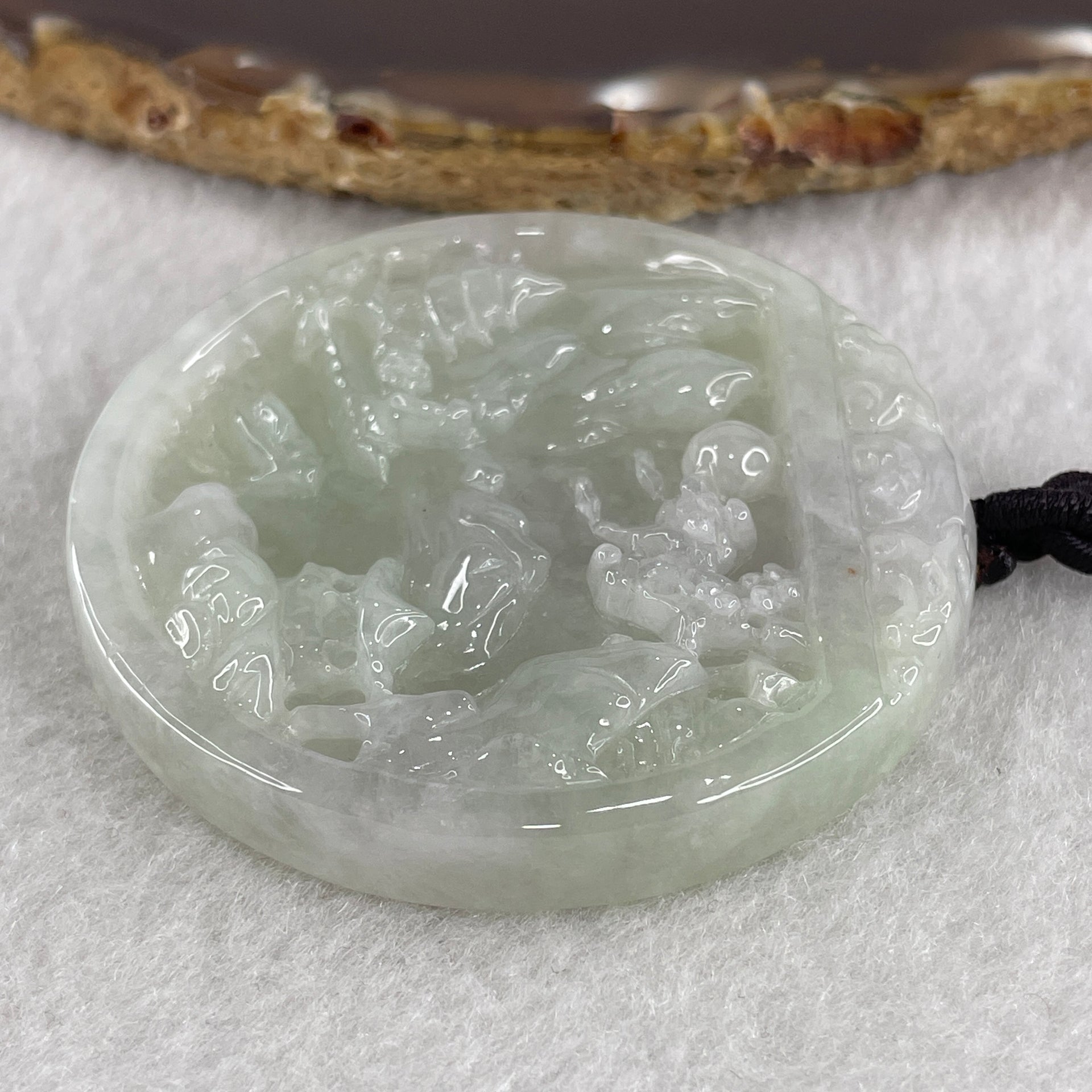 Natural Type A Light Green with Faint Lavender Jadeite Shan Shui with Guiren Benefactor Pendant 56.64g 54.1 by 9.2mm - Huangs Jadeite and Jewelry Pte Ltd