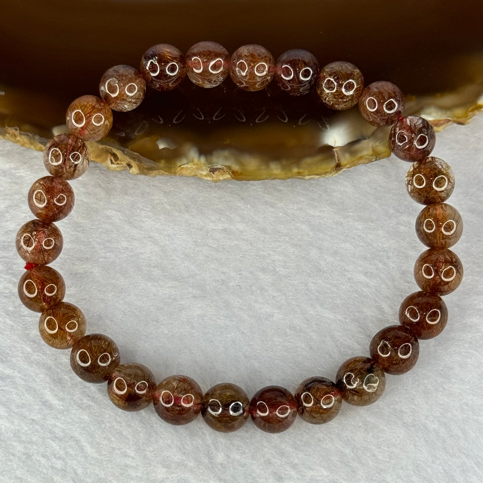 Natural Copper Rutilated Quartz Beads Bracelet 天然銅髮晶手镯 13.32g 15.5cm 7.5mm 26 Beads - Huangs Jadeite and Jewelry Pte Ltd
