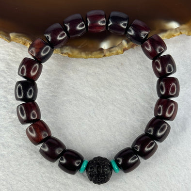 Natural Indian Small Leaf Zitan Wood Beads and Pixiu Bead with Turquoise Bracelet 印度小叶紫檀 14.31g 17cm 10.2mm 19 Beads - Huangs Jadeite and Jewelry Pte Ltd
