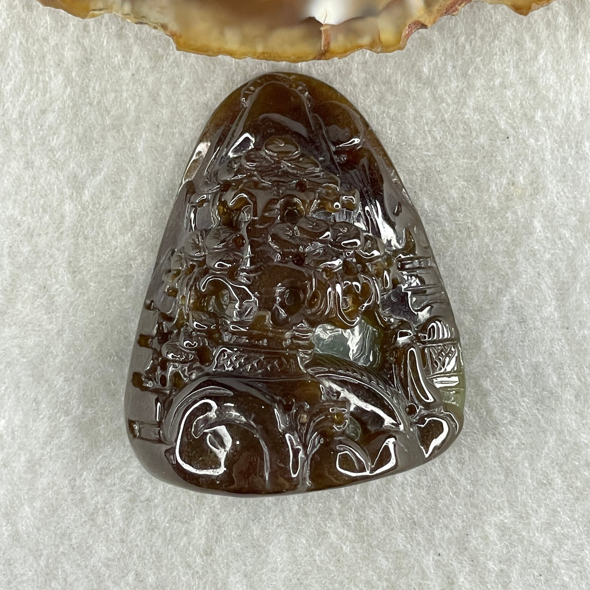Type A Dark Brown and Blueish Green Jadeite Double Sided Shan Shui Gui Ren Benefactor Pendant 42.63g 43.2 by 36.0 by 20.2mm - Huangs Jadeite and Jewelry Pte Ltd