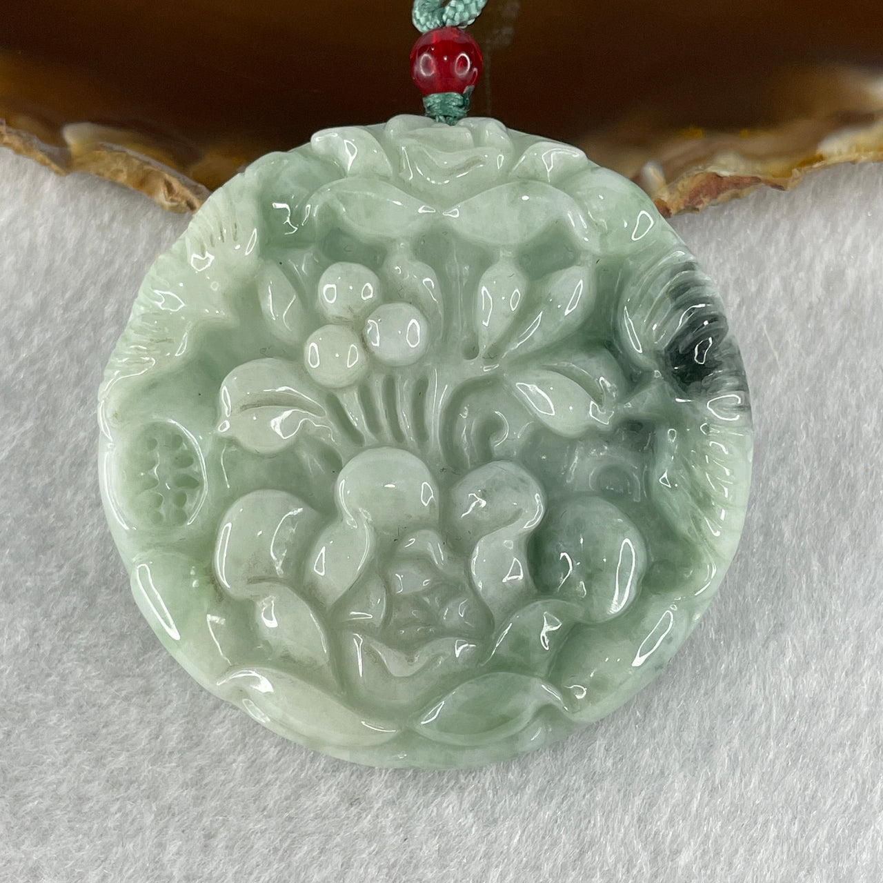 Natural Type A Light Green with Dark Blueish Green Piao Hua Jadeite Shan Shui Scenic with Gui Ren Benefactor and Prosperity Flowers Pendant 68.78g 53.3 by 12.2mm
