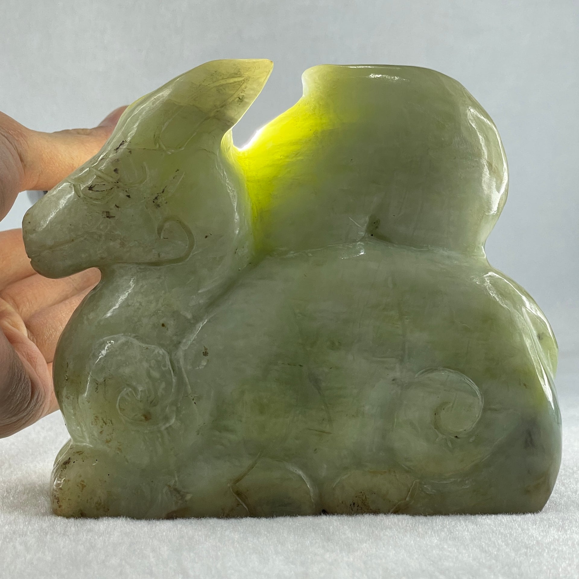Natural Green Serpentine Deer with Longevity Peach Display 1,043.6g 135.0 by 43.0 by 115.0mm - Huangs Jadeite and Jewelry Pte Ltd