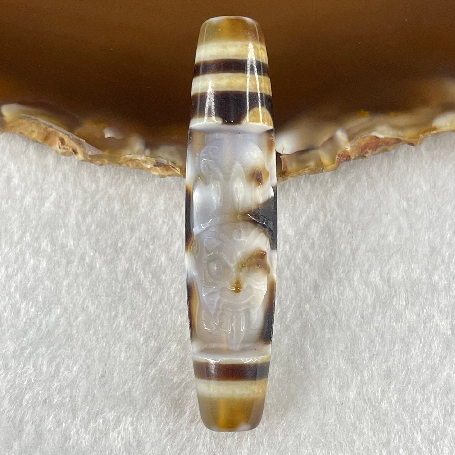 Natural Powerful Tibetan Old Oily Agate 6 Eyes with Zha Ji La Mu Female Cai Shen Carvings Dzi Bead Heavenly Master (Tian Zhu) 三眼扎基拉姆女财神天珠 13.25g 57.8 by 12.7mm - Huangs Jadeite and Jewelry Pte Ltd