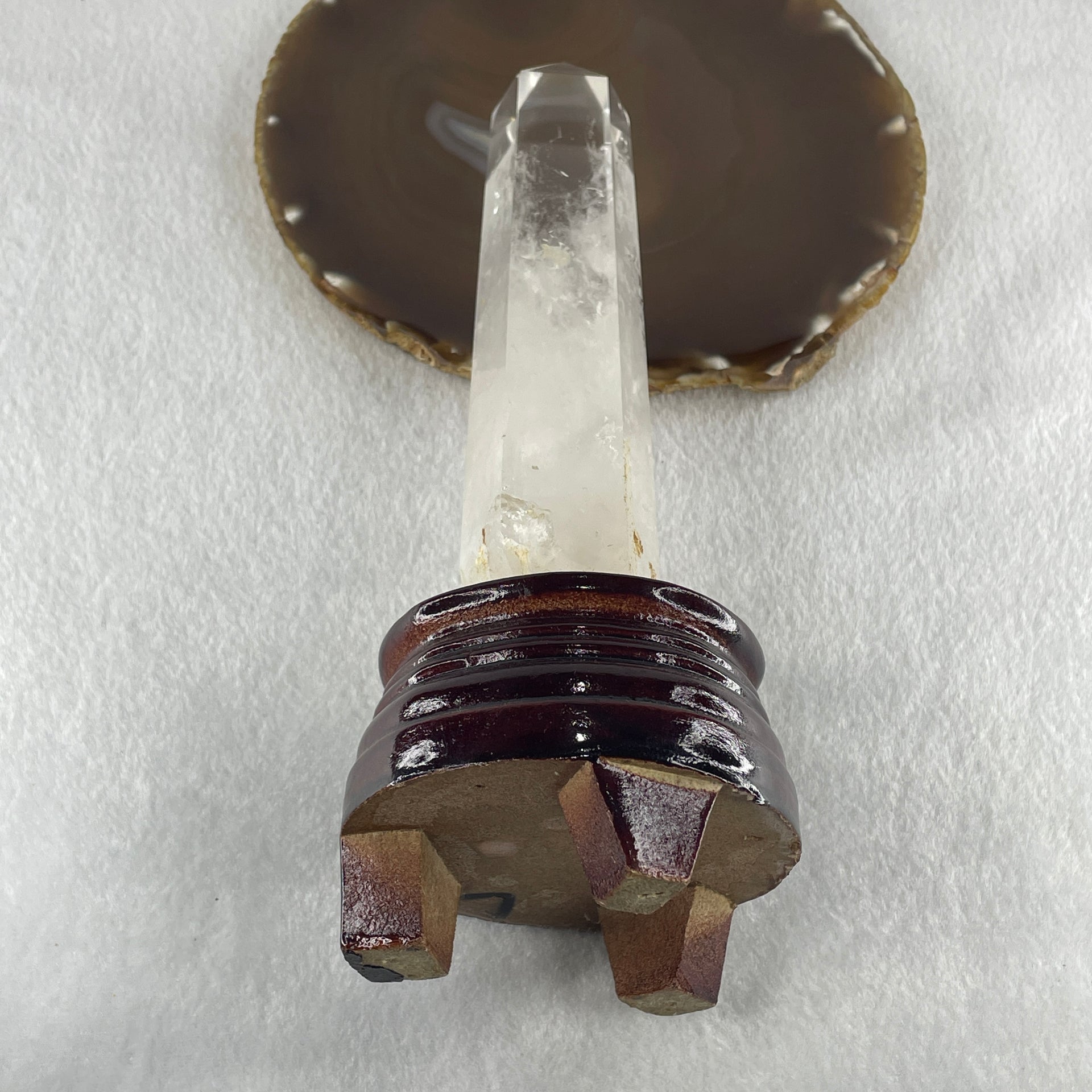 Natural Clear Quartz Tower with Wooden Stand 450.7g 80.1 by 75.9 by 210.0mm - Huangs Jadeite and Jewelry Pte Ltd