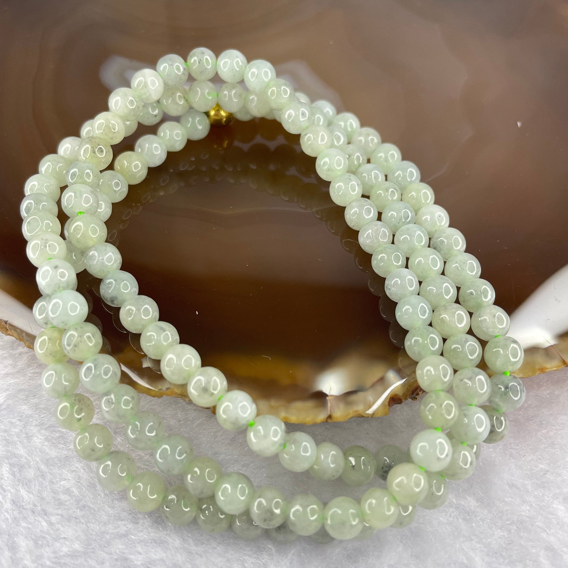 Type A Semi Icy Green with Wuji Grey Piao Hua Beads Necklace 122 Beads 5.4mm 31.79g - Huangs Jadeite and Jewelry Pte Ltd