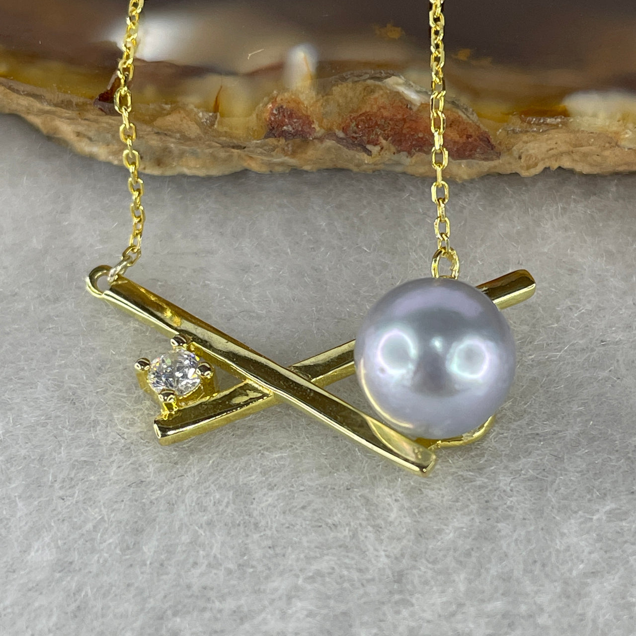 Natural Silver Pearl Solitaire Necklace | Solid S925 Sterling Silver Gold-Toned Adjustable 36-40cm Choker | Premium 8.4mm Metallic Marine Charm (3.11g)