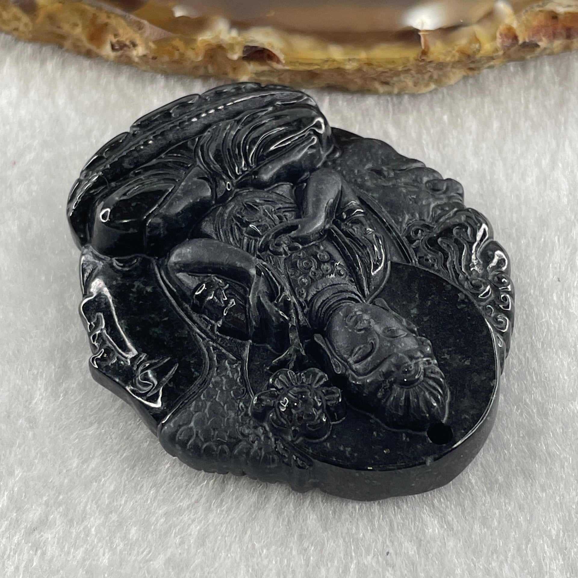 Type A Opaque Black Omphacite Jadeite Good Vs Evil Mahasthamaprapta Bodhisattva Pendant Horse Zodiac Guardian 41.32g 50.8 by 43.8 by 11.8mm - Huangs Jadeite and Jewelry Pte Ltd