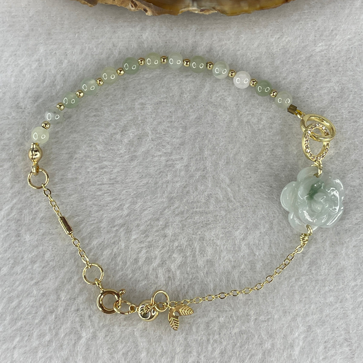 Natural Type A Green Jadeite Peony Flower 15.5x7.1mm Amulet Bracelet | Adjustable 14-18cm Gold-Toned Elegant Layering Chain Luxury Charm (5.54g) - Huangs Jadeite and Jewelry Pte Ltd