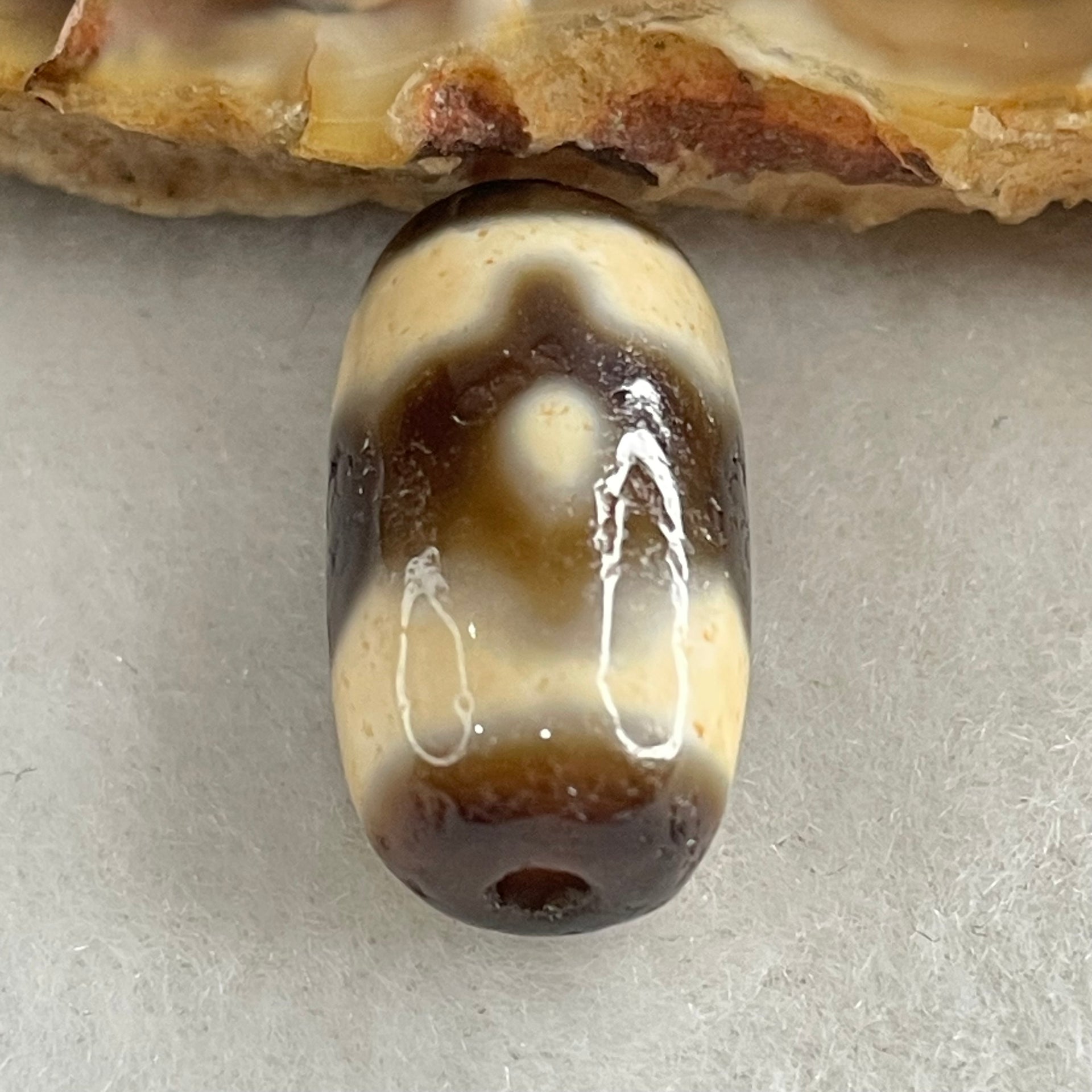 Natural Powerful Tibetan Old Oily Agate 3 Eyes Dzi Bead Heavenly Master (Tian Zhu) 三眼天诛 3.10g 18.5 by 10.1mm - Huangs Jadeite and Jewelry Pte Ltd