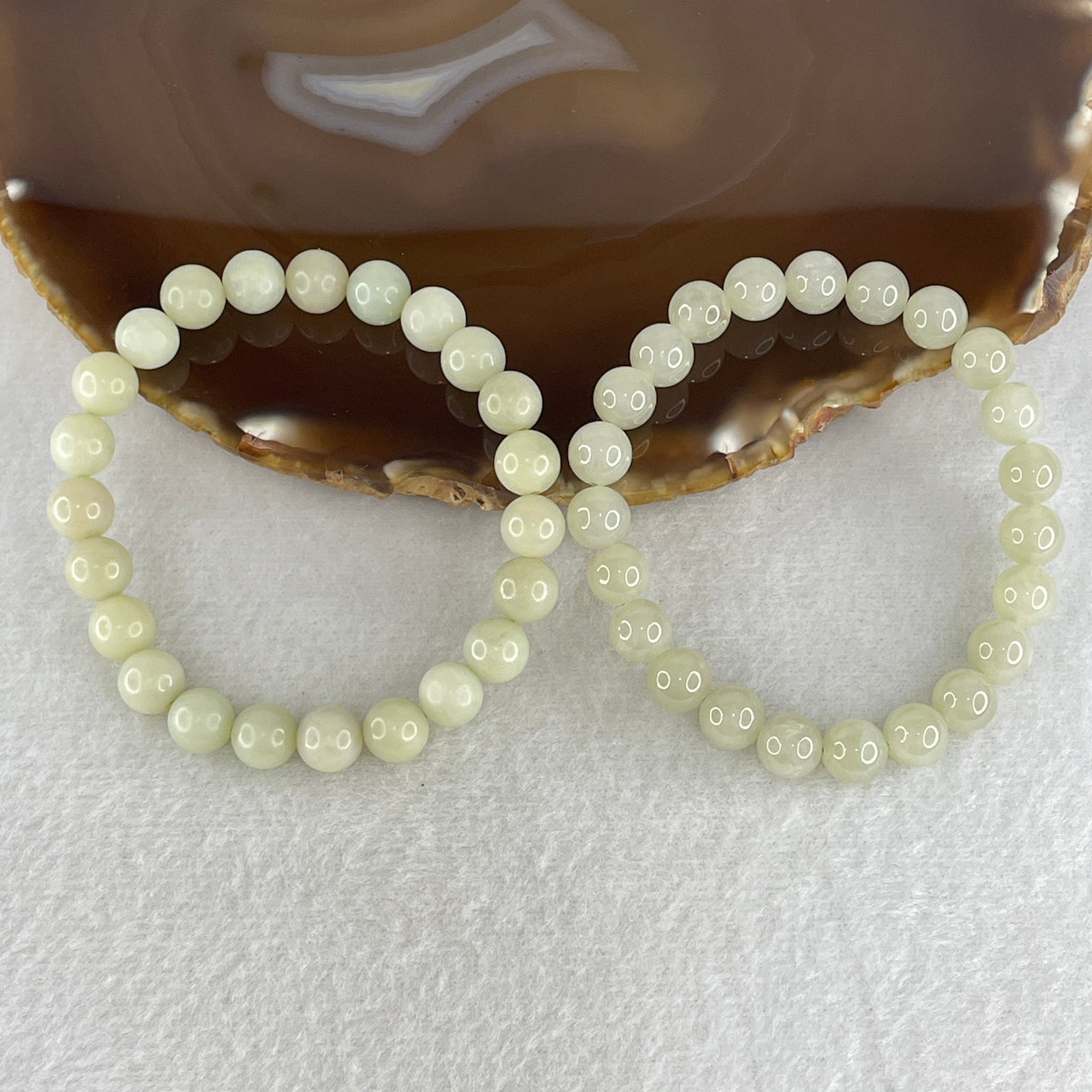 Pair of Certified Natural Nephrite Bracelets 36.10g - (1) 15.5cm 8.2mm & (1) 15cm 8.0mm - Full Light Green Grade A Untreated Nephrite Jade - 46 Total Beads