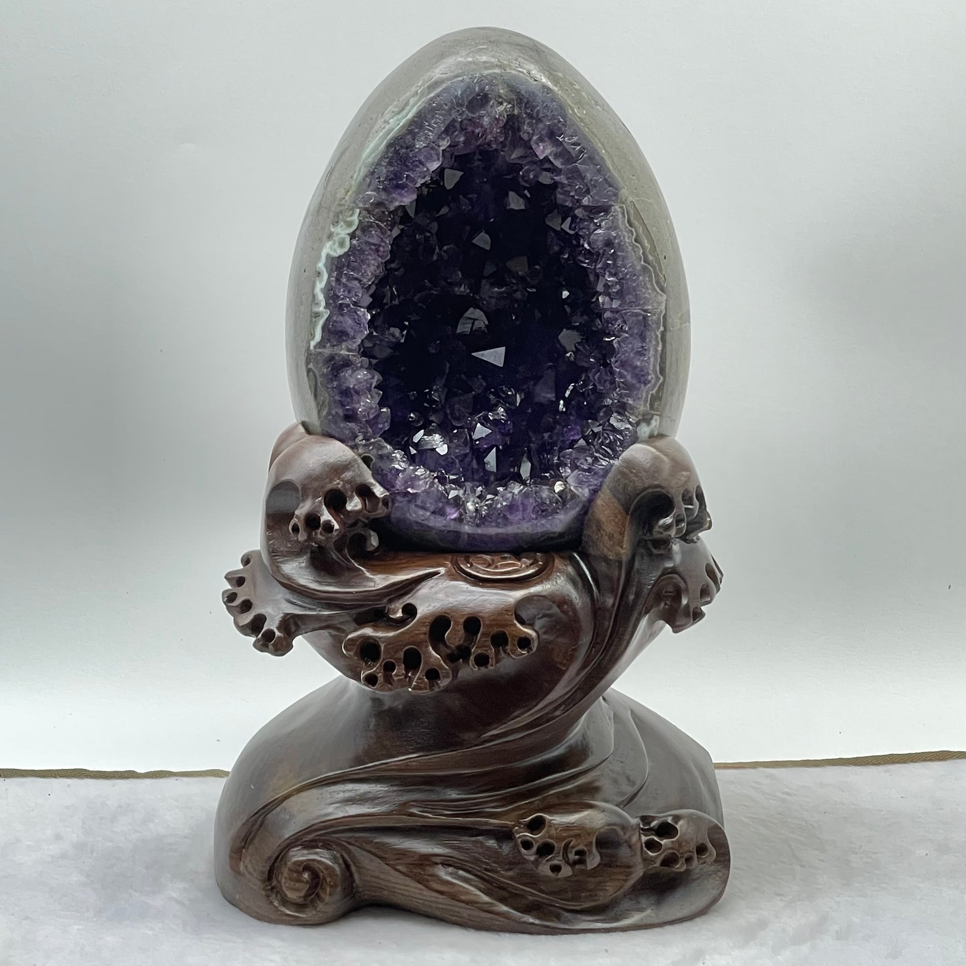 Natural Deep Purple Amethyst Egg with Wooden Stand Display Total Weight 4,534.1g 160.0 by 160.0 by 270.0mm - Huangs Jadeite and Jewelry Pte Ltd