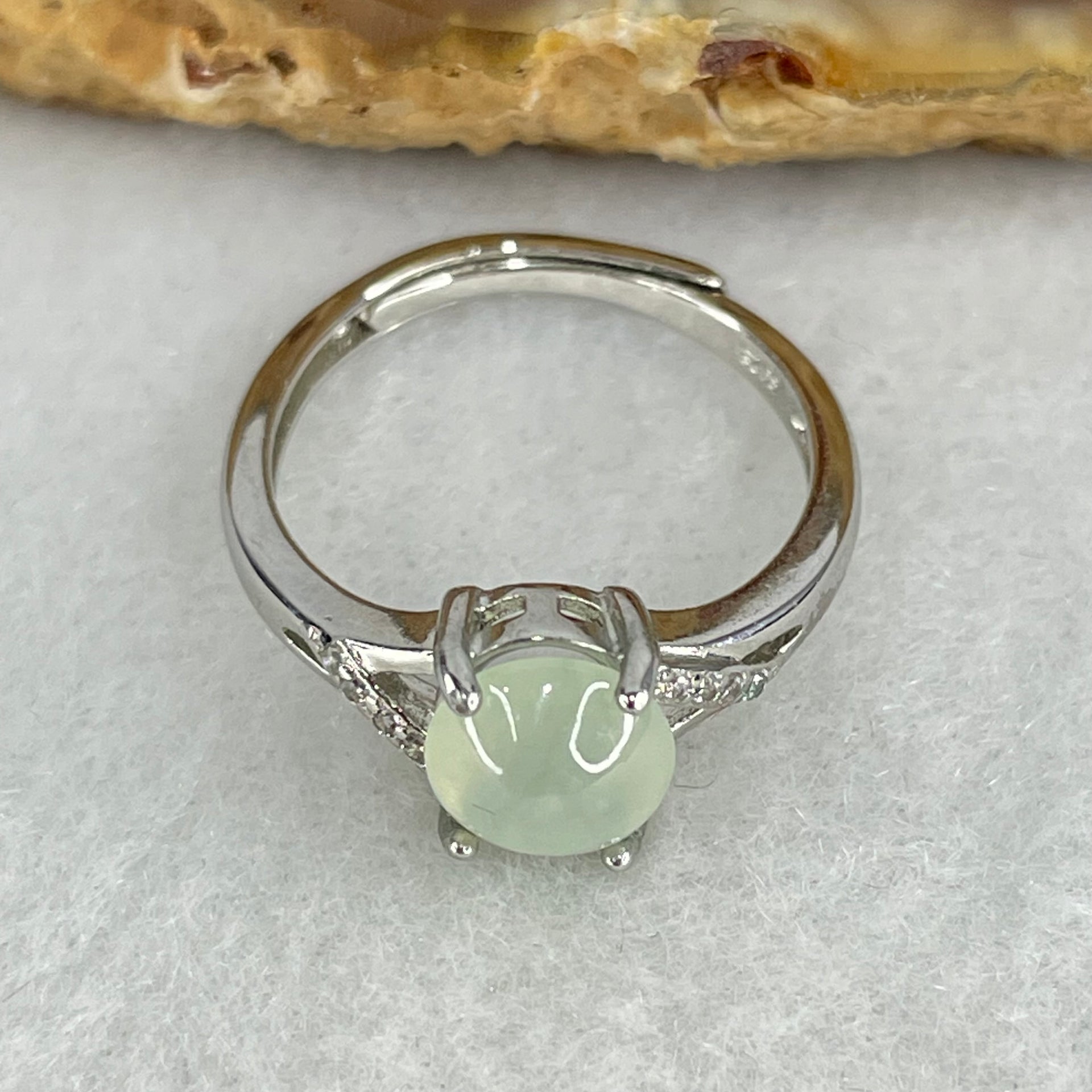 Type A Semi Icy Light Green Jadeite Cabochon in S925 Sliver Ring  (Adjustable Size) 1.70g 7.1 by 6.6 by 3.5mm - Huangs Jadeite and Jewelry Pte Ltd