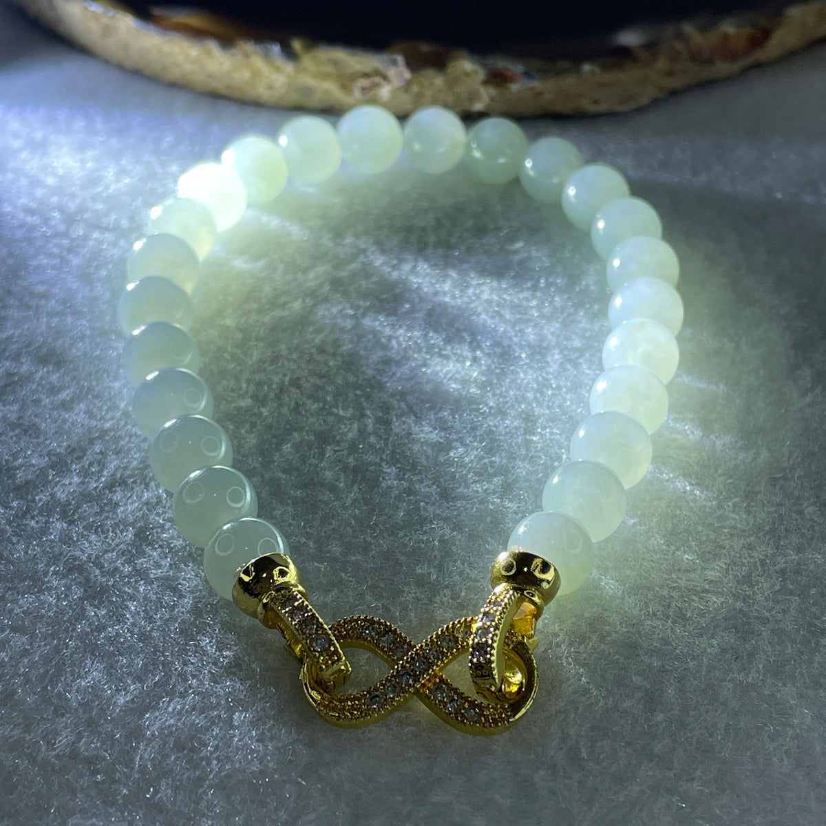 Natural Type A Jelly Light Green Jadeite Beads Bracelet | (24.96g | 20cm | 8.1mm x 24 Beads | Heart Chakra Radiance, "Ping An" Smooth Luck & Feng Shui Prosperity Catalyst) - Huangs Jadeite and Jewelry Pte Ltd