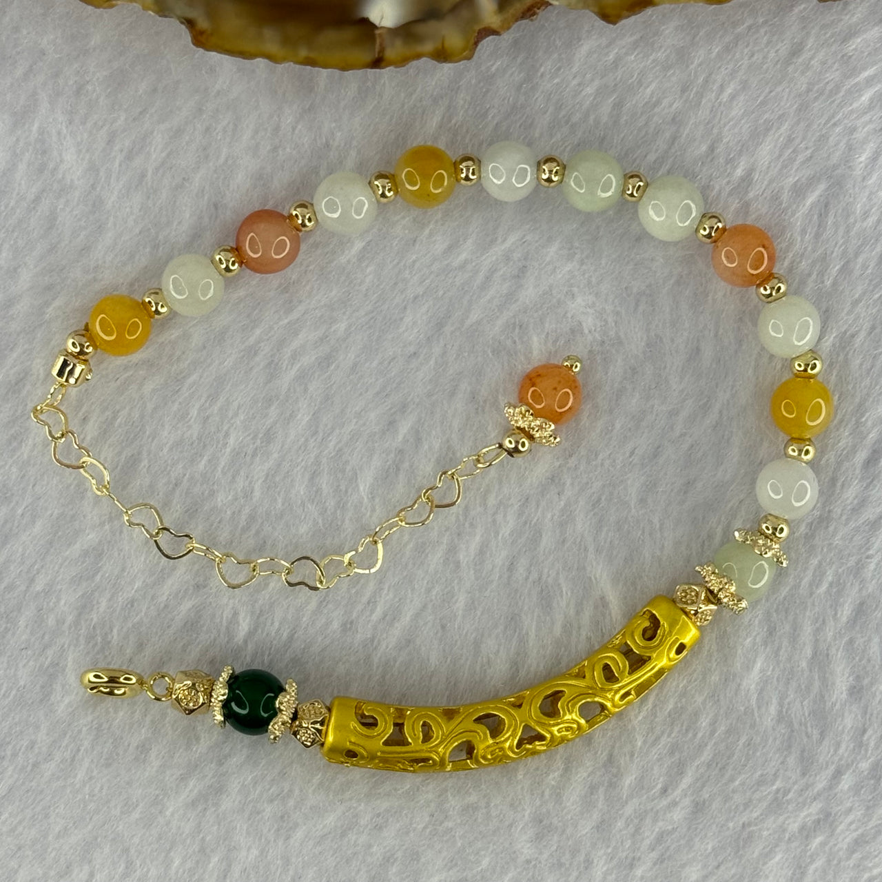 Type A Faint Green Jadeite and Crystal Beads in Sliver Gold Color Bracelet 9.80g 5.9mm 14 Beads - Huangs Jadeite and Jewelry Pte Ltd