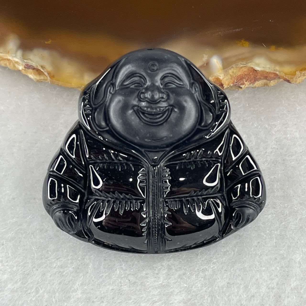 Symbol of Luck, Wealth and Happiness - Certified Natural Type A Black Jadeite Milo Laughing Buddha Pendant with Jacket 15.74g 24.5 by 32.4 by 8.8mm