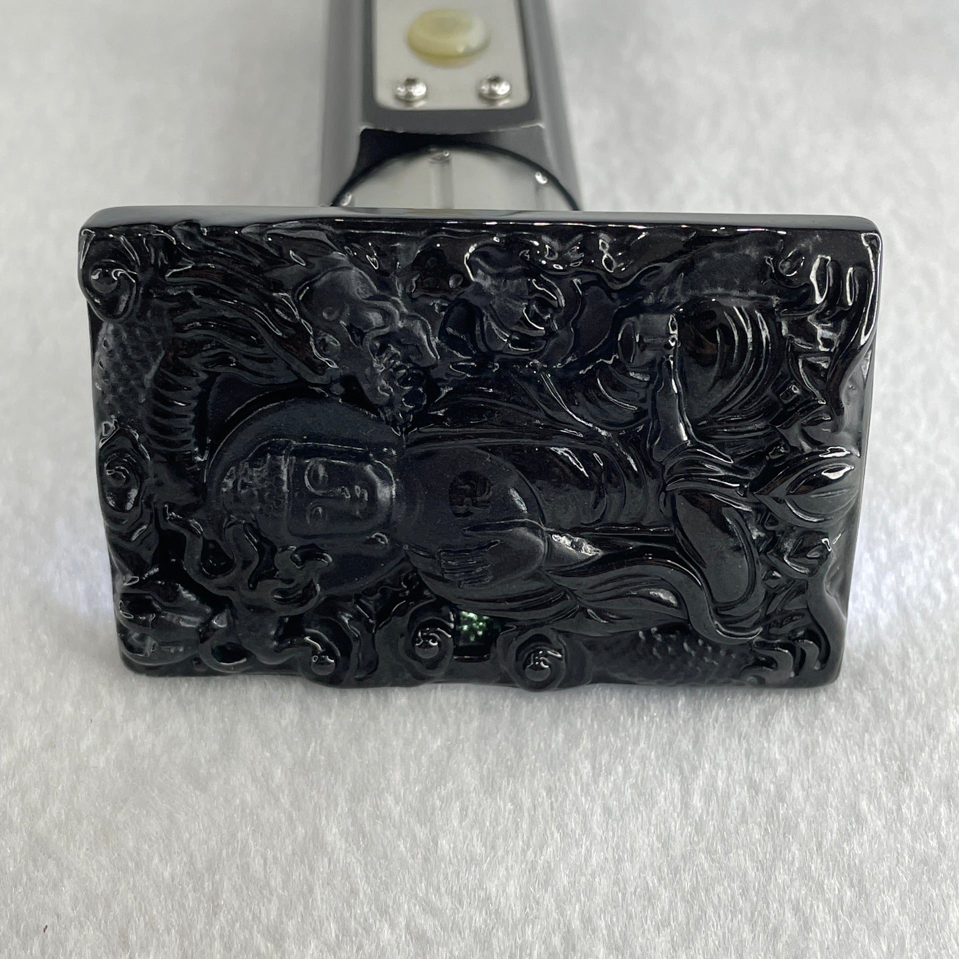 Type A Opaque to Partial Translucent Black Omphacite Jadeite Amitabha Buddha with Dragon Pendant Dog and Boar Pig Zodiac Guardian 37.44g 62.5 by 41.7 by 9.7mm - Huangs Jadeite and Jewelry Pte Ltd