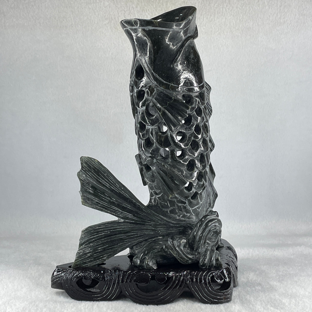 Natural Dark Green Serpentine Carp Fish with Wooden Stand Display 1,119.0g 175.0 by 100.0 by 240.0mm - Huangs Jadeite and Jewelry Pte Ltd