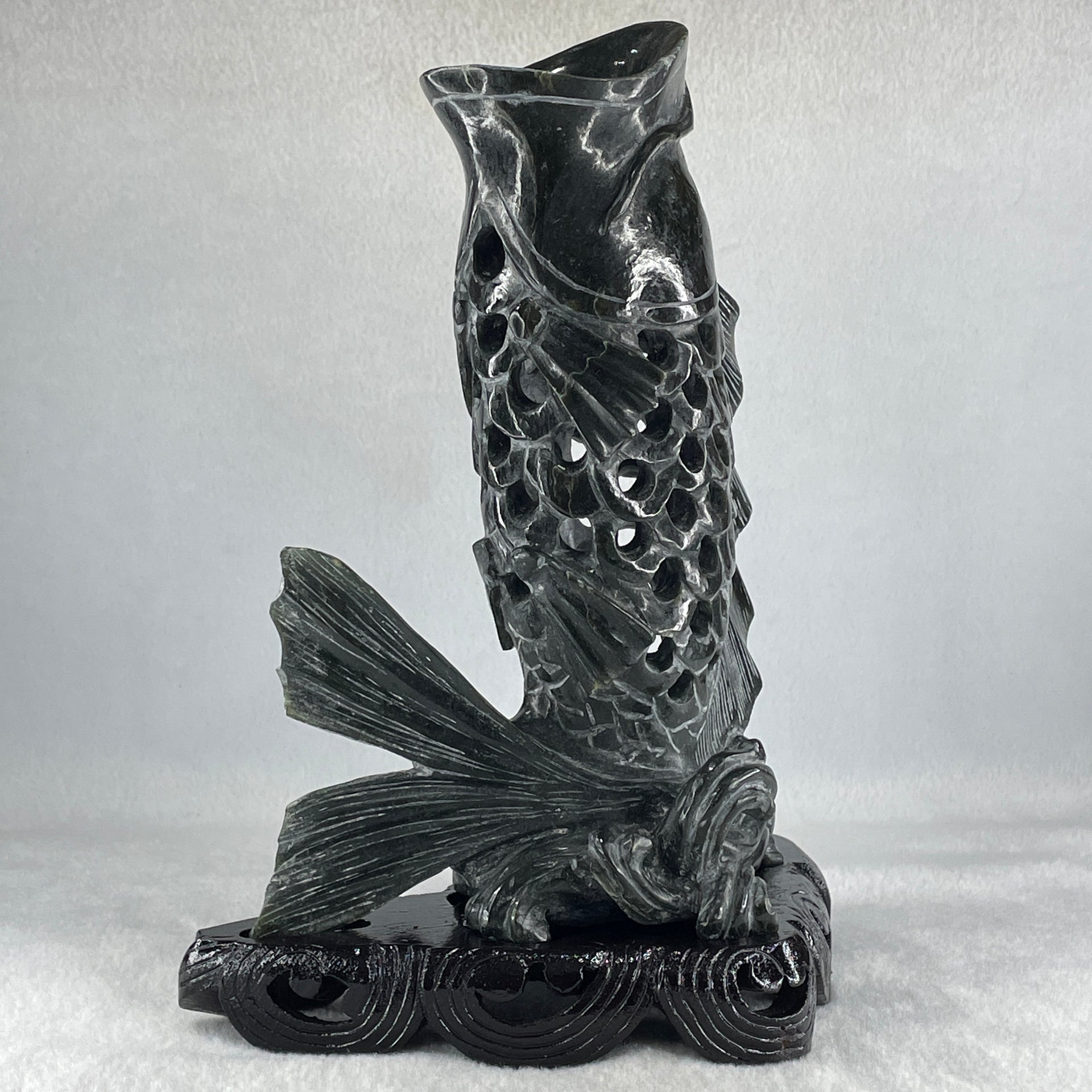 Natural Dark Green Serpentine Carp Fish with Wooden Stand Display 1,119.0g 175.0 by 100.0 by 240.0mm - Huangs Jadeite and Jewelry Pte Ltd