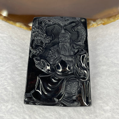 Type A Partial Translucent Black Omphasite Jadeite Guan Gong with Dragon Pendent A货部分半透明黑色绿辉石翡翠关公龙吊坠  27.89g 55.7 by 41.7 by 7.5 mm - Huangs Jadeite and Jewelry Pte Ltd