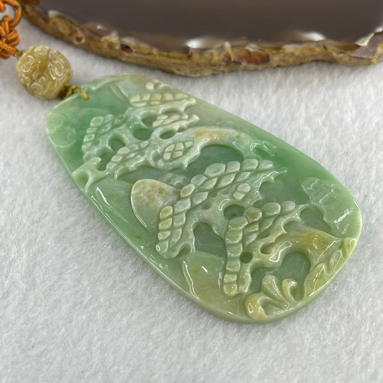 Natural Type A Apple Green with Yellow Patches Jadeite Shan Shui Scenic Pendant 56.98g 81.6 by 46.8 by 5.5mm