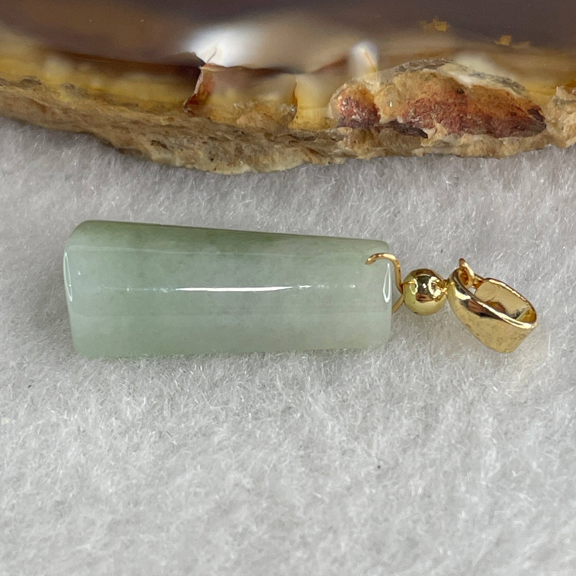 Type A Faint Green with Green Patches Jadeite Wu Shi Pai Pendant 2.46g 19.9 by 8.9 by 5.5mm - Huangs Jadeite and Jewelry Pte Ltd